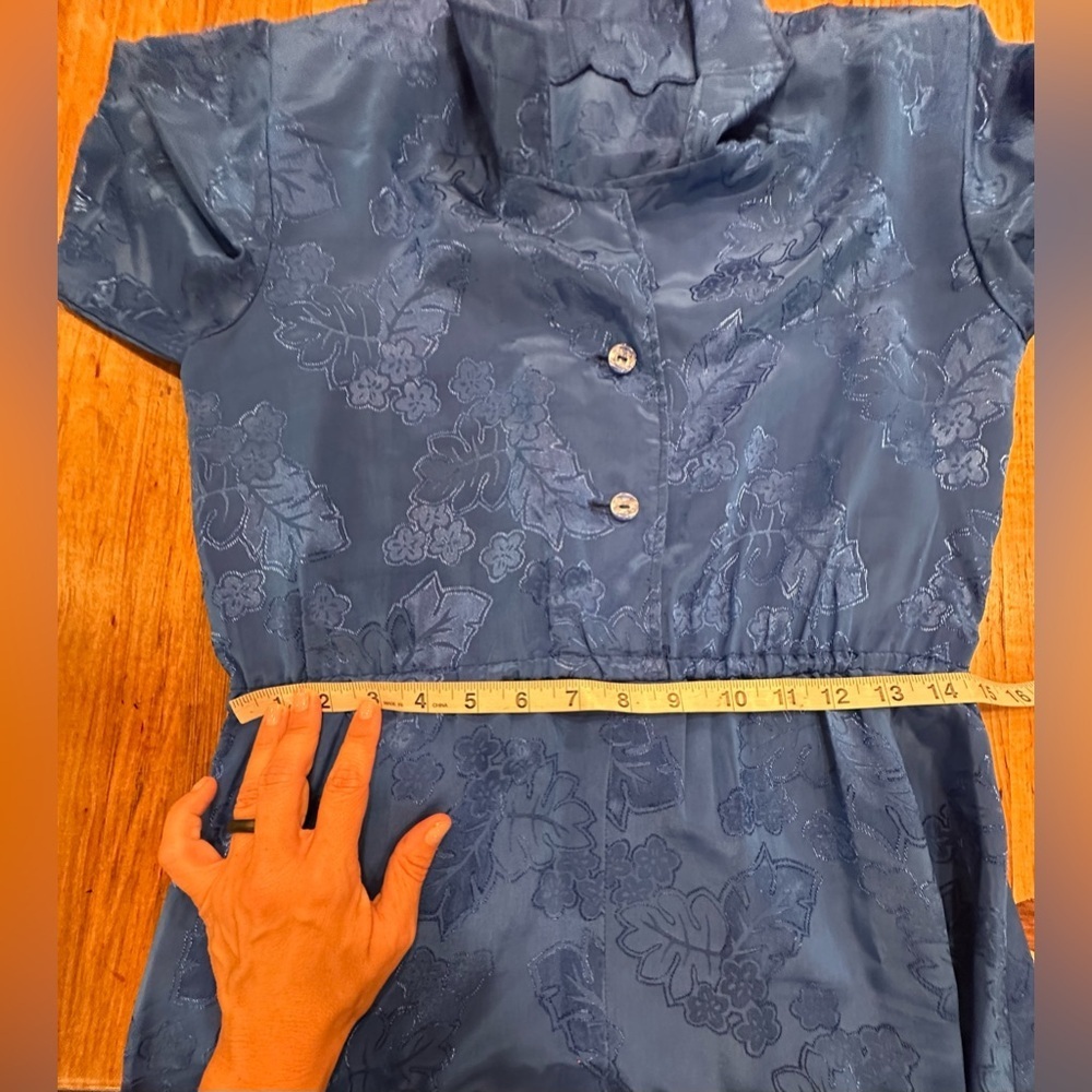 Vintage 80s Royal Blue Floral Jacquard Midi Dress Short Sleeve Retro Minimalist - Picture 9 of 9